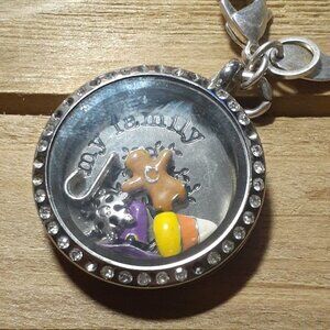 Origami Owl Locket Chain Pendant on Heavy Silver-tone Chain w/ 5 Holiday Charms